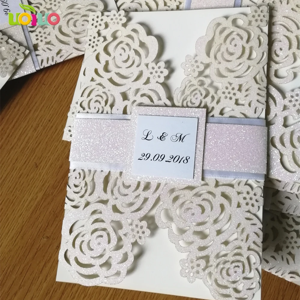 Laser Cut Lace Rose Glitter Paper Foil Paper Wedding Invitation Card Birthday Invite (Band Need Extra Cost)