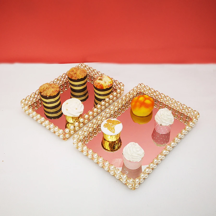 

10Pcs gold Pearl Cake Stand Square Tray Mirror Cake Decoration