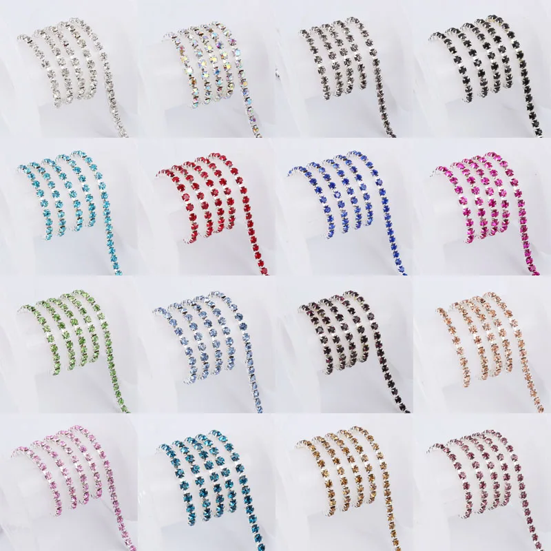 Rhinestone cup chain SS6-SS12 Densely Crystal chain Silver base 3/5yards 16 colors choose for Garment Nail DIY Accessoire