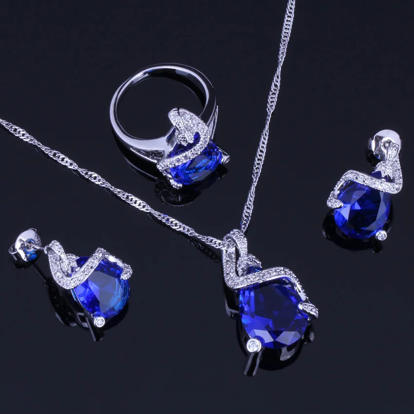 Admirable Blue Cubic Zirconia Silver Plated Jewelry Sets Earrings Pendant Chain Ring V0237