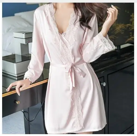 1620 Women\'s Satin Silk Woman Lace Robe Female Lace Bathrobe Womens Robes Sleepwear Ladies Sexy Robe For Women Drop Shipping