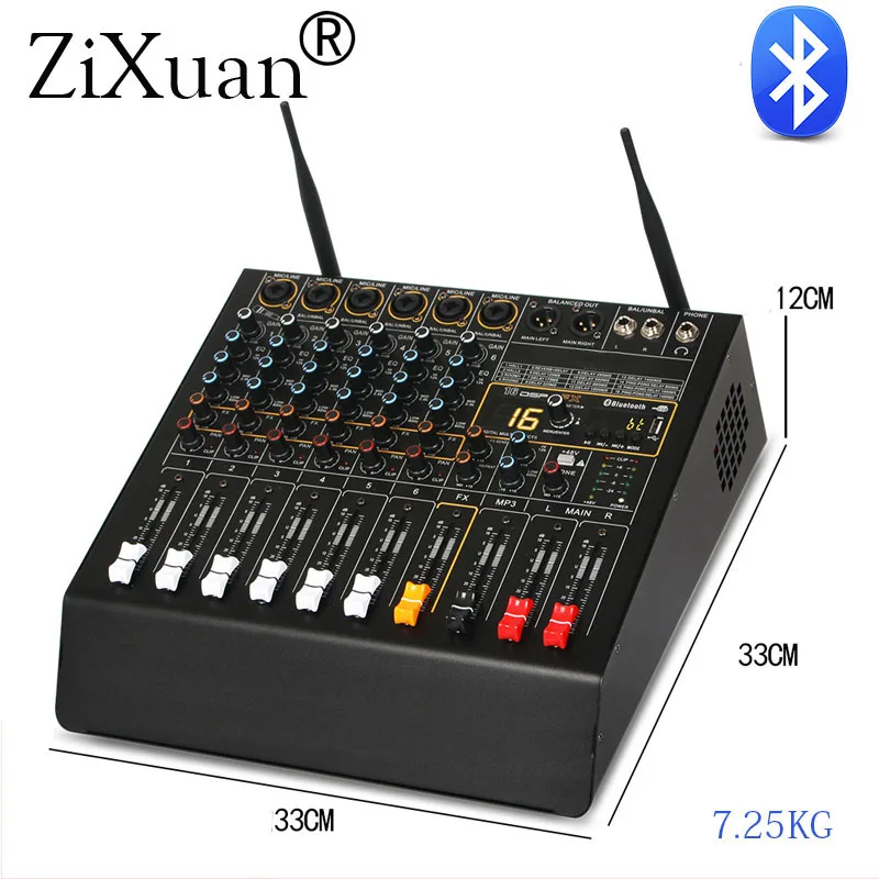 Professional 6 Channel Digital Effect Power Amplifier Studio Audio Mixer With Bluetooth USB Mixing Console + 2 Wireless Mic