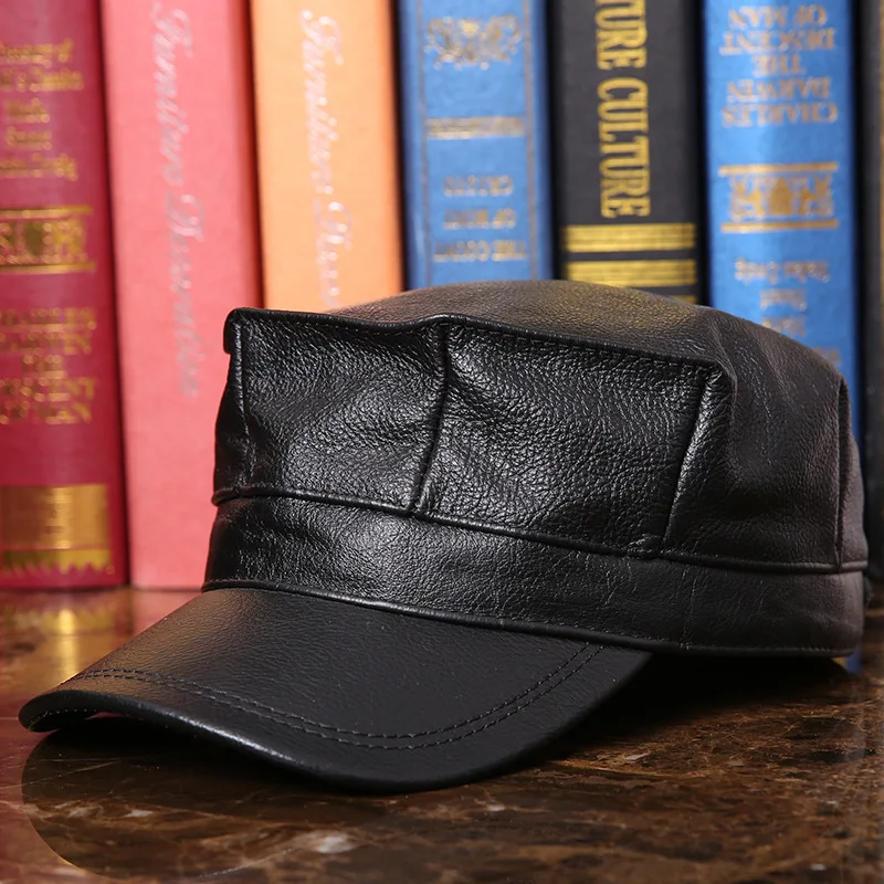 

Men's Leather Hat Adult Autumn Winter Leather Cap Elderly Octagonal Cap Genuine Leather Flat Hat Male Peak Baseball Cap B-7288