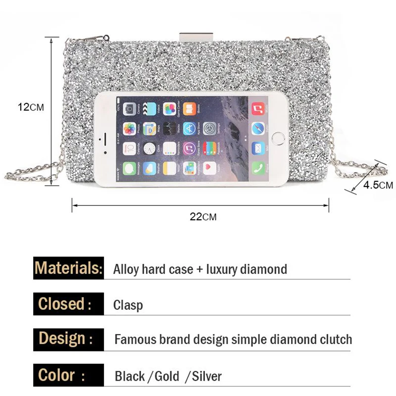 Women Evening Clutch Bag Diamond Sequin Wedding Clutch Purse and Handbag Party Banquet Black Gold Silver Two Chain Shoulder Bag