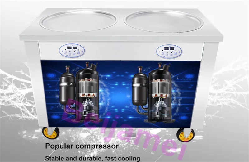 BEIJAMEI เครื่องม้วนไอศกรีมทอดคอมเพรสเซอร์คู่ / เครื่องทอดโยเกิร์ต / เครื่องทอดไอศกรีมกระทะกลม