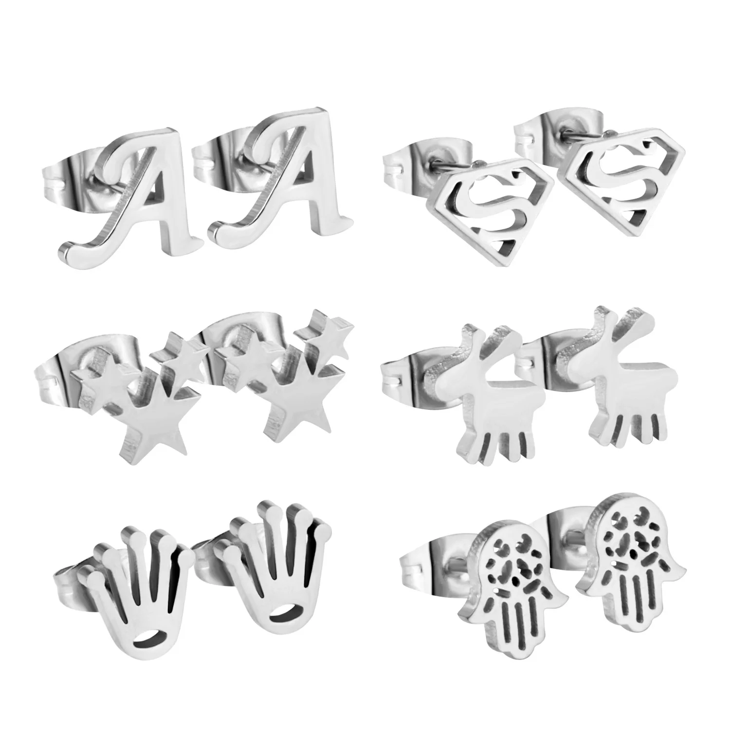 LUXUSTEEL Earring Sets 6 Pairs Golden Color Letter/Star/Hand/Animals Shape Stud Earring Sets For Women/Girl Wholesale Female