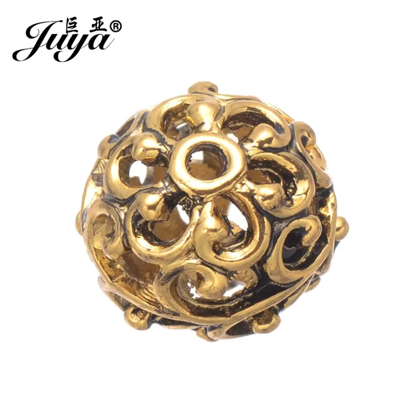 JUYA 20pcs/lot 12mm Engrave Hollow Alloy Beads Ancient Gold/Silver Color Beads for Women Jewelry Making Supplies Accessories