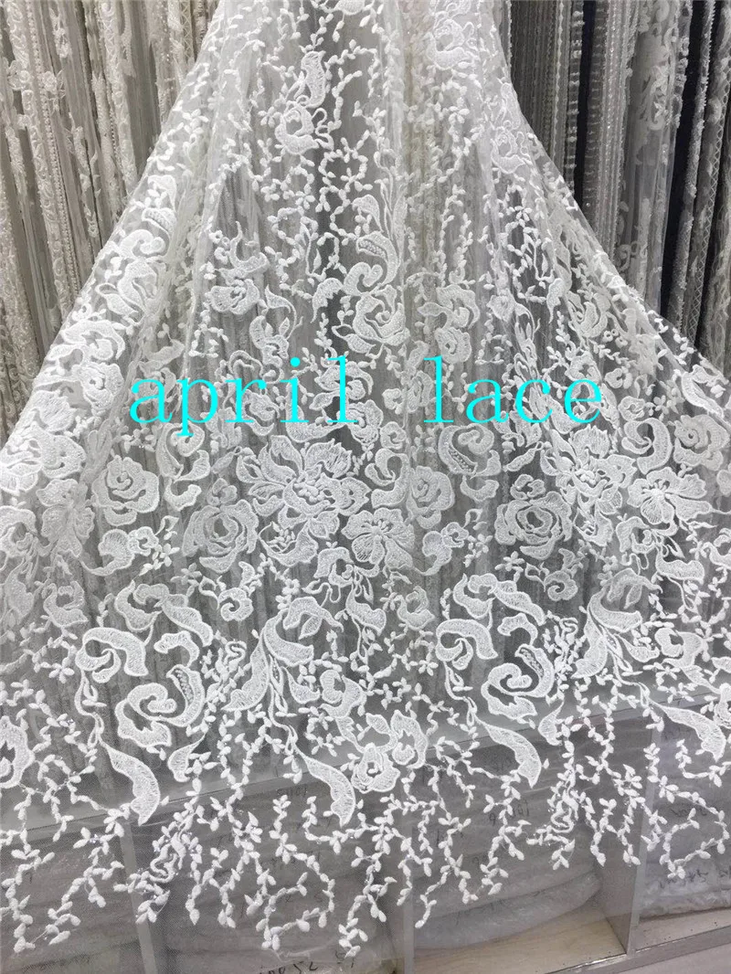 stock  HIG004#  5 yards  offwhite luxury beads ivory french embroidery  tulle mesh lace fabric for sawing bridal wedding dress