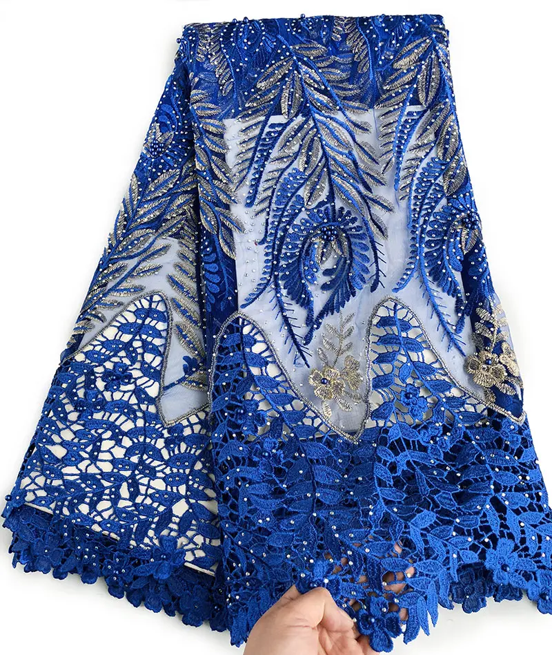 

Royal blue Gold Big French Lace African Tulle Fabric with Guipure Cord Fabric Edges Lots of Stones High Quality 5 yards