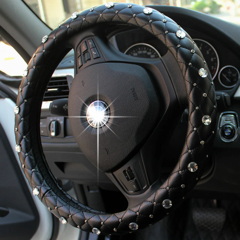 2022 New Luxury Crystal Car Steering Wheel Covers for Women Girls Leather Rhinestone covered Steering-Wheel Interior Accessories