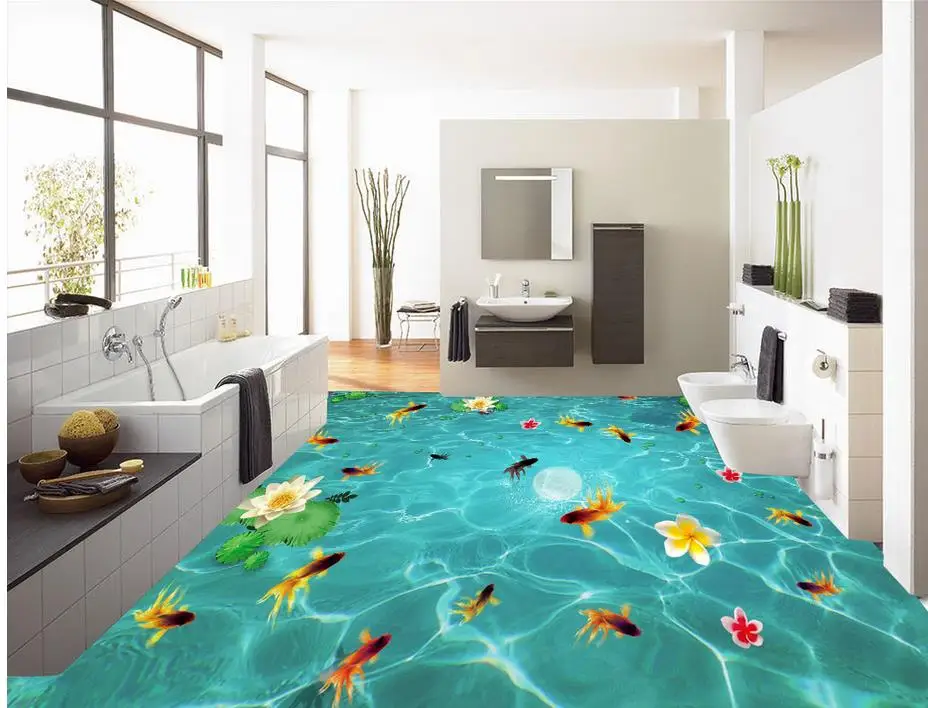 Floor 3D wallpaper Beach floor murals in wall stickers Lake fish lotus 3D floor Waterproof floor mural painting