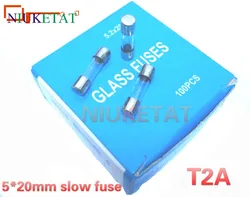 100pcs/box 5*20mm 2A 250V slow fuse 5*20 T2A 2000mA 250V Glass Fuse 5mm*20mm