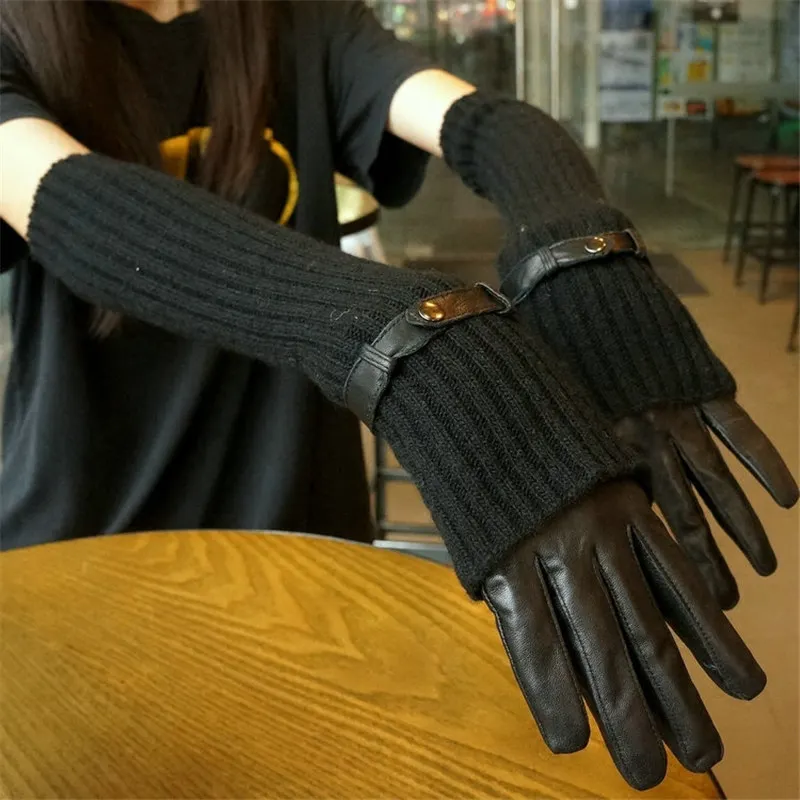 Women's Genuine Leather Gloves Two-Piece Sheepskin Gloves Rabbit Hair Arm Sleeve Long Style Fashion Female Gloves JM222