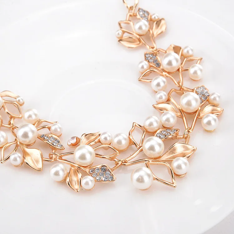 Simulated Pearl Jewelry Set Leaves Necklaces & Pendants Statement Necklace Earrings Set Gold Color Bridal Jewelry Sets For Women