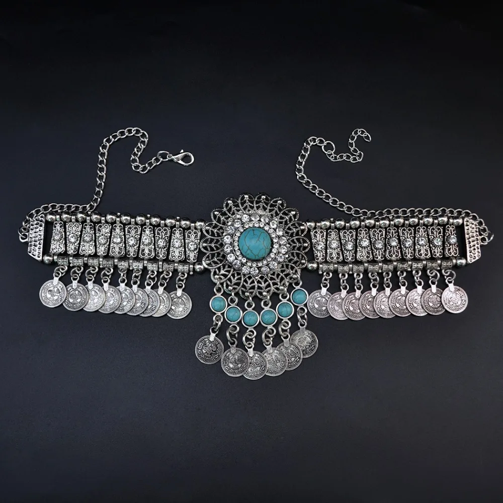 Gypsy Boho Coins Tassel Necklace Red Stone Turquoise Bead Crystal  Flower Collares Chokers India Afghan Female Statement Jewelry