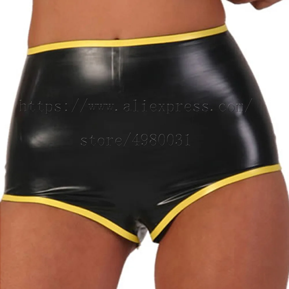 

100% handmade latex shorts in black with yellow trim color