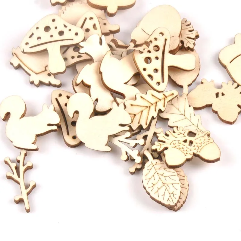 Mix Mushroom/hedgehog/squirrel/Pine Cones/leaves Pattern Wooden Ornament Wood For Scrapbooking DIY Carfts Home Decor 20pcs m2154