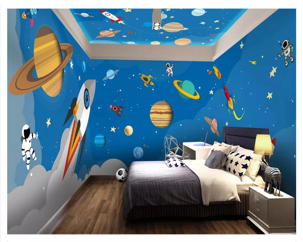 beibehang Children's decorative painting wall paper rocket hand-painted blue starry theme space full house background wallpaper