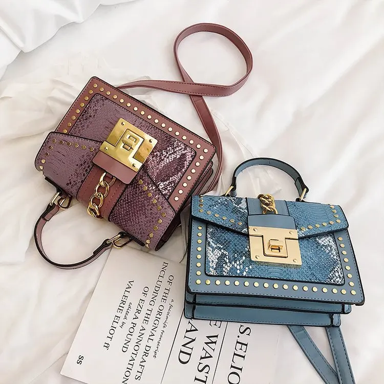 Women\'s Fashion Pu Leather Female Rivets Metal Lock Bag High Quality Shoulder Strap Bag Messenger Small Square Package 2019 New