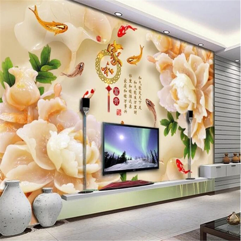 beibehang 3d custom photo wallpaper wall murals stickers Home and wealthy jade carving Peony nine fish figure 3D TV backdrop