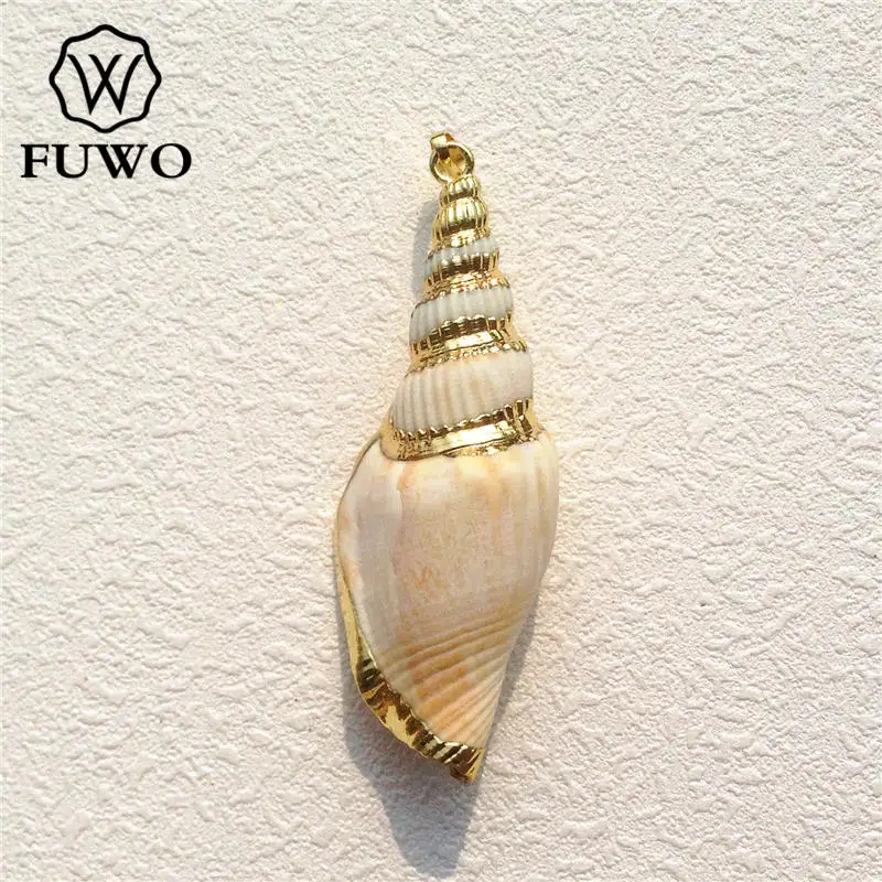 FUWO Wholesale Natural Seashell Snail Pendant Golden Plated Long Spiral Whelk Shell Supplies For Jewelry Making 5Pcs/Lot PD533