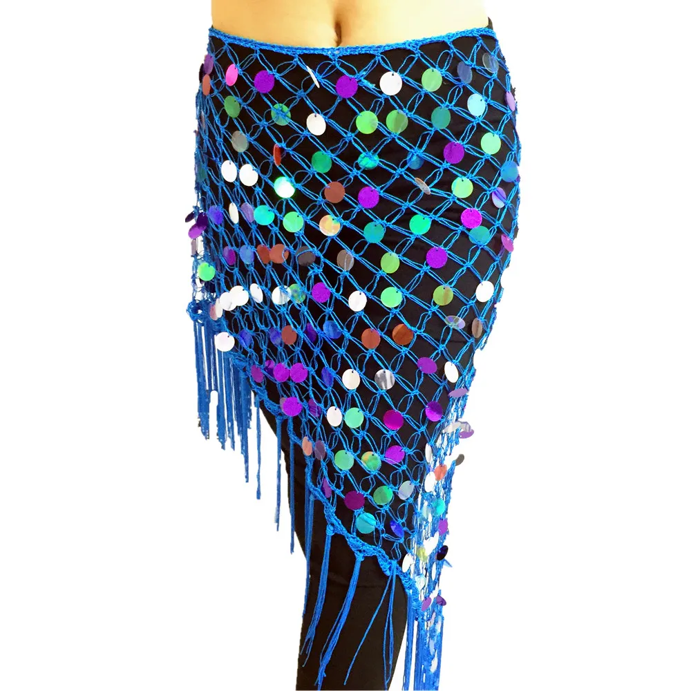 New style Belly Dance Hip Scarf Wrap Belt Skirt Long Tassel Triangle Hand Crochet Sequin Coin Belt  Accessories Training Clothes