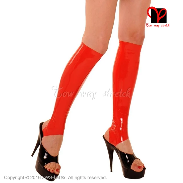 Sexy Latex knee high stockings Red Rubber Calf stockings open with feet wear cut feet foot hose rubber stockings XXXL WZ-009