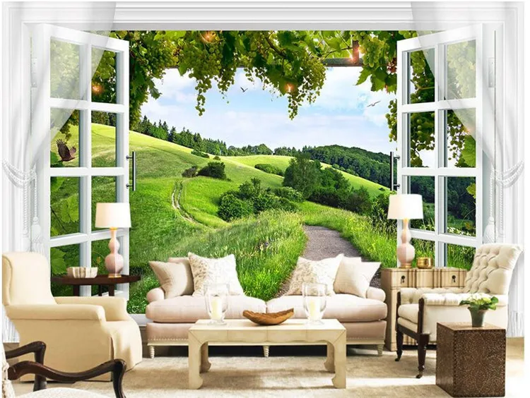 3d wallpaper High-end custom mural non-woven wall sticker 3 d window grape rural painting photo 3d wall room murals wallpaper