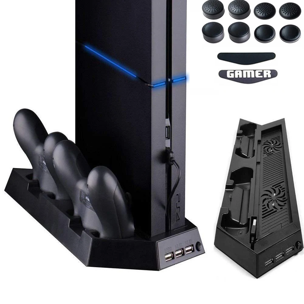 PS4 Vertical Stand Base Cooling Fan Cooler Heat Sink Dual Charging Station Storage for Playstation 4 DualShock 4  V1 Controllers