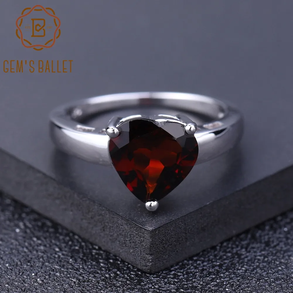 GEM'S BALLET Classic 2.78Ct Natural Garnet Heart Rings 925 Sterling Silver Gemstone Ring For Women Wedding Fine Jewelry Gift