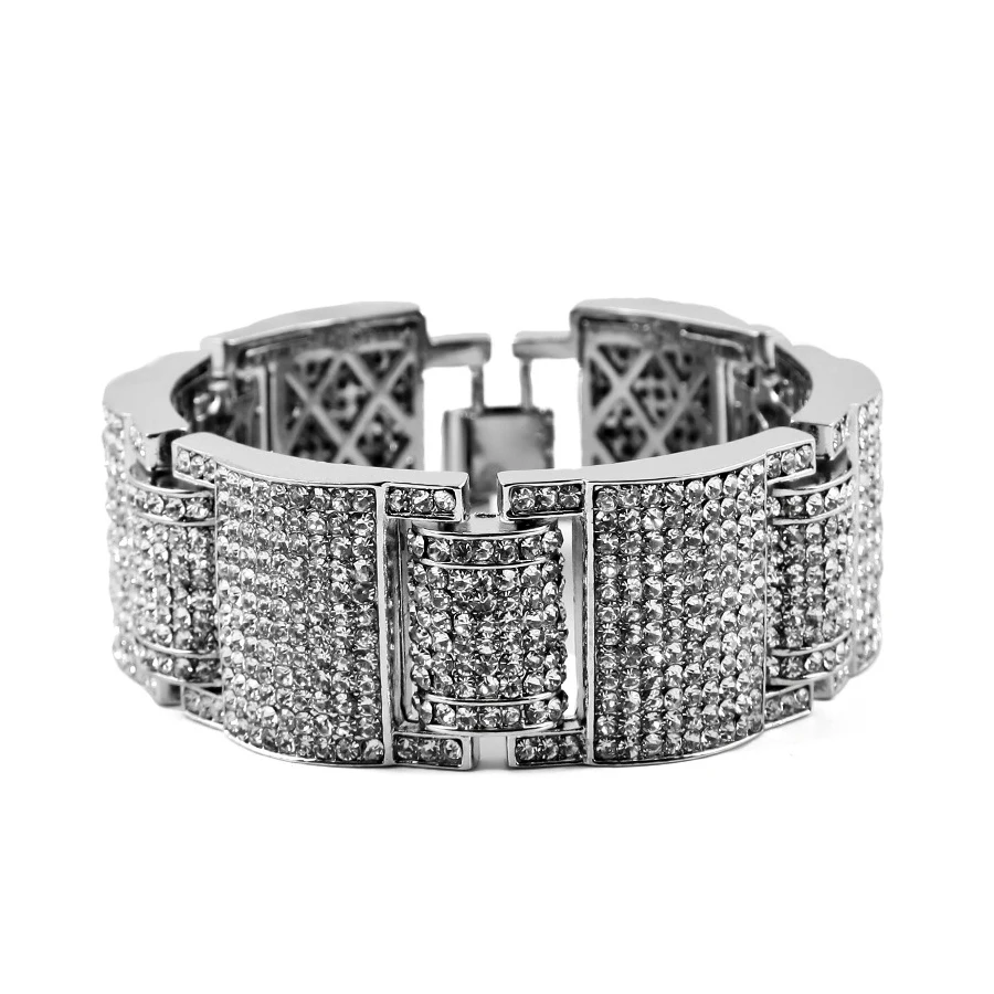 Men Women Hip hop Wide I Square Cross Shape Rhinestone Bracelet Bangle Bling Imitation Stone Chains Link Wristbands Fine Jewelry