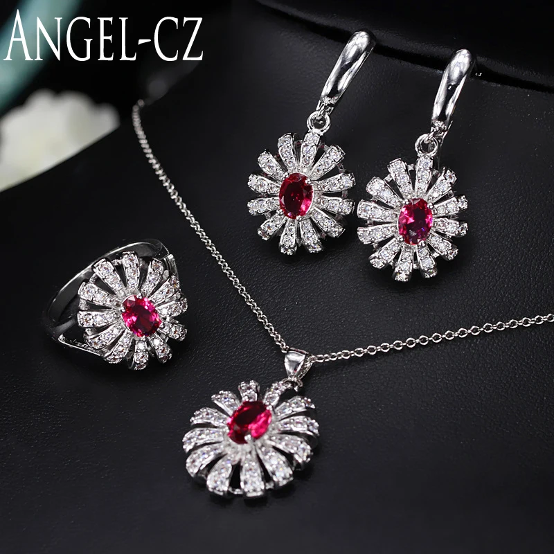 ANGELCZ Cute Girls Gift Silver Color Jewelry Micro CZ Pave Red Stone Women Chic Flower Pendant Necklace Earrings Ring Sets AJ031