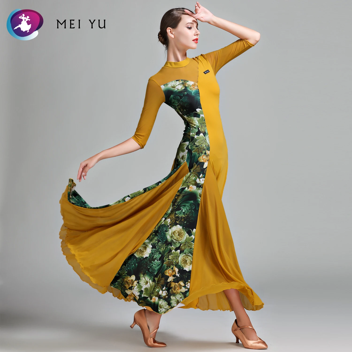 

MEI YU S7011 Social Dance Modern Dance National Standard Dance Big Hem Floral Patchwork Dress