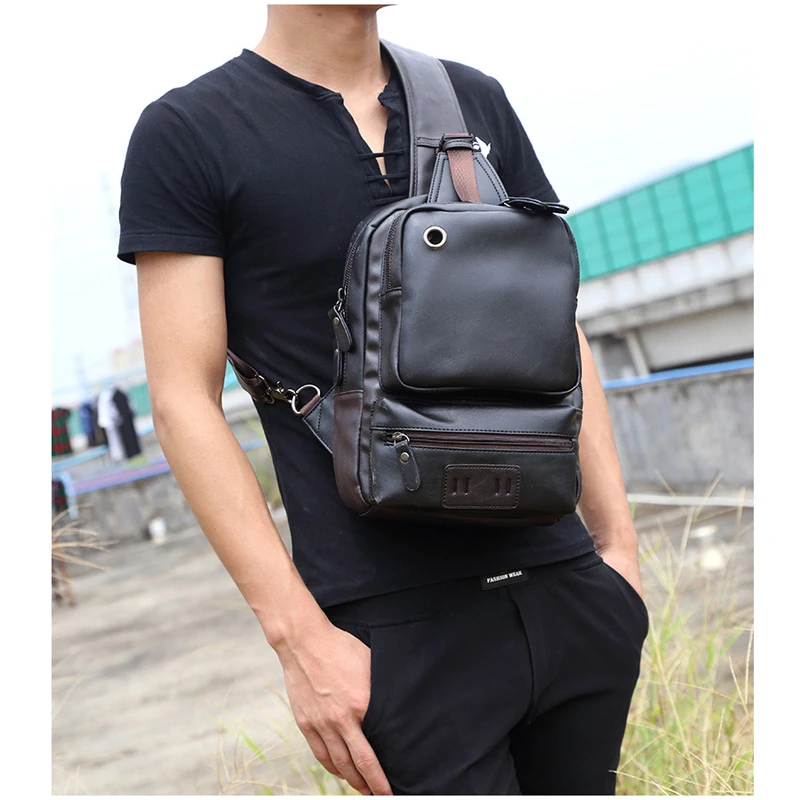 Vintage PU Leather Men Chest Backbag Casual Fashion Male Messenger Bags Back Pack Crossbody Bags Small Sling Single Shoulder Bag