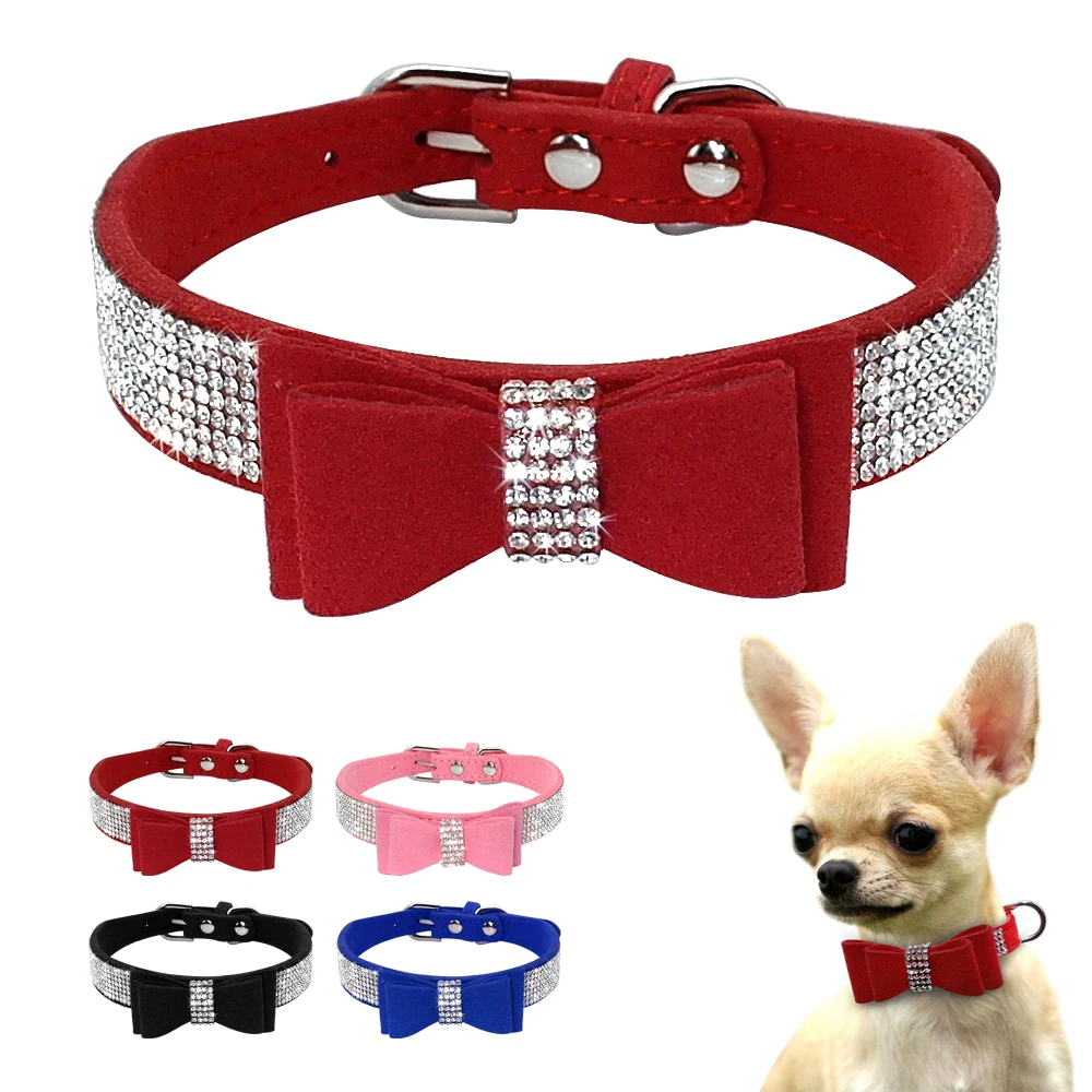 Soft Seude Leather Puppy Dog Collar Bling Rhinestone Bowknot Kitten Cat Collars For Small Medium Dogs Cats Chihuahua Pink XXS-M