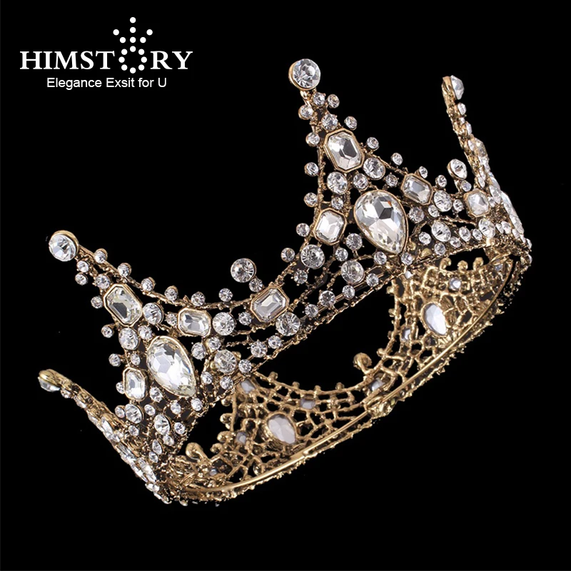 HIMSTORY Vintage Clear Rhinestone Beads Full Round  Crown Wedding Hair Accessories Luxury Crystal Queen  Bridal Tiara