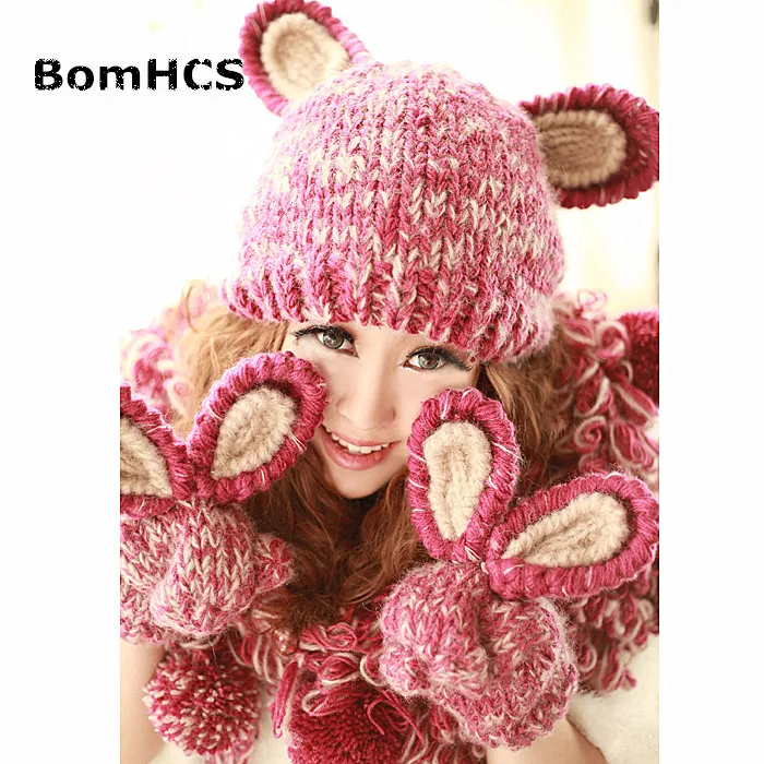 BomHCS Cute Rabbit Ears Winter Warm Women's Beanie +Gloves 100% Handmade Knit Hat Mittens (without Scarf)