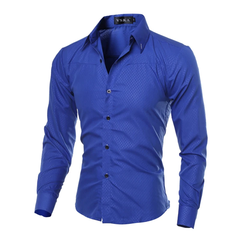 2019 New Men\'s Casual Shirt Autumn Plus Size Printed Plaid Men Long Sleeve Shirt Cotton Royal Blue Slim Fit Men Clothing M-5XL