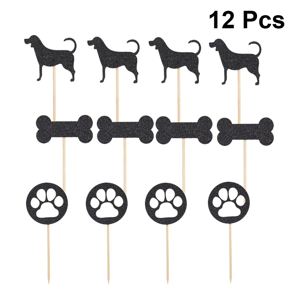 12pcs Shining Dog Cake Topper Bone Footprint Birthday Cakeate Insert Card Birthday Cakeateating Cupcake Toppers Kids Birthday