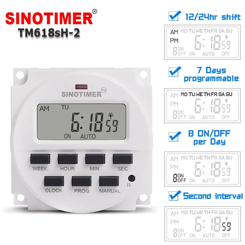 Intervallo di 1 secondo Super Big 1.6 220V 230V Volt Uscita tensione Digitale 7 giorni settimanali Interruttore timer programmabile Controllo relè temporizzato