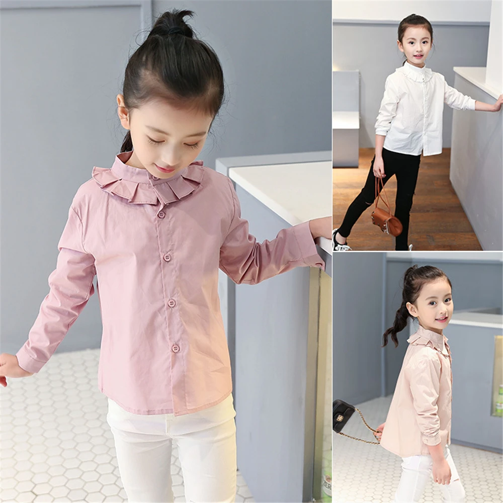 2018 Fall Baby Blouse for Girls in School Kids Lotus Leaf Collar Shirt Child Full Sleeves White Casual Clothing Children Outwear