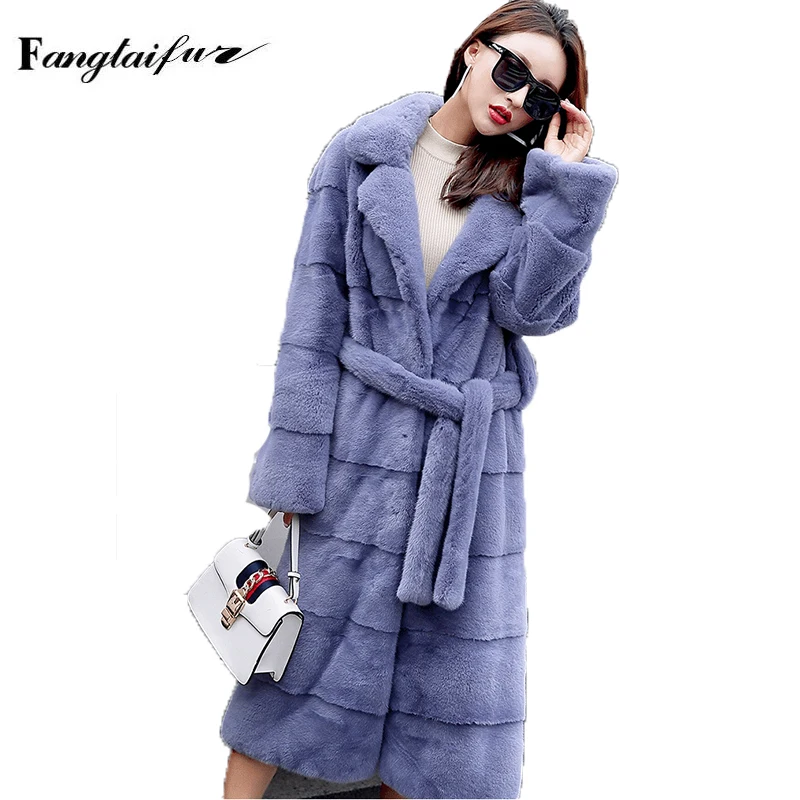 

Ftangaiur Winter Women Import Velvet Mink Fur Coat Turn-Down Collar Sashes Mink Coats Women's Medium Real Mink Fur Coats