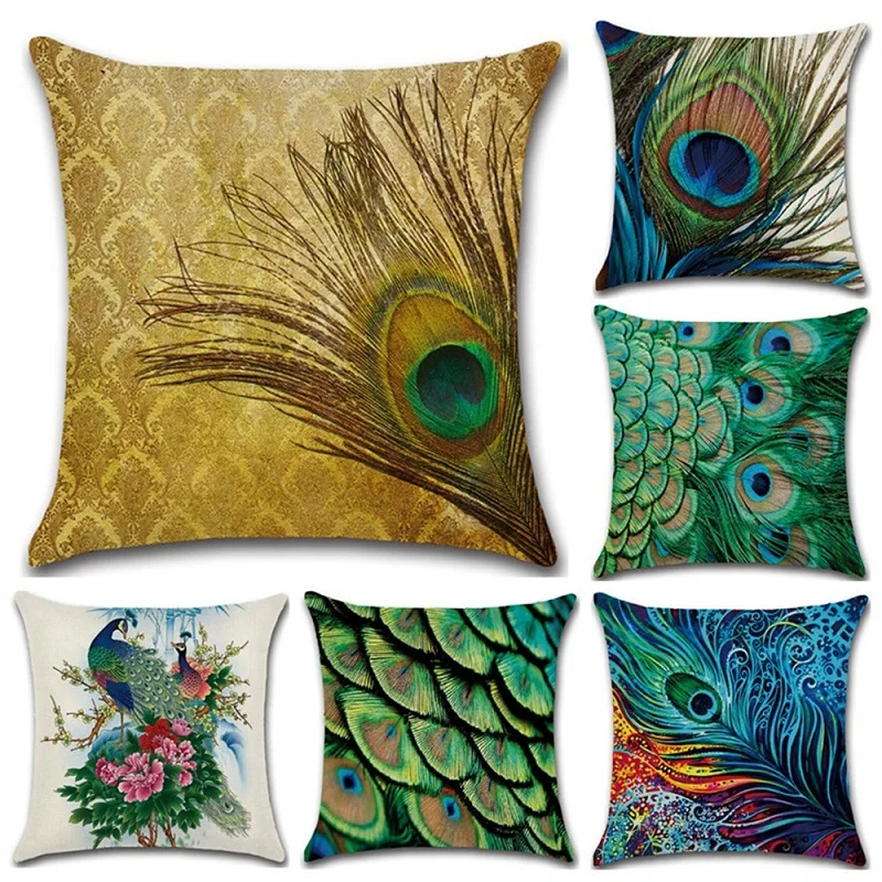 Peacock Feather Printed Throw Pillowcasese Cushion Cover Car Sofa Home Decor Capa De Almofadas 2018 New Year Gifts Wholesale