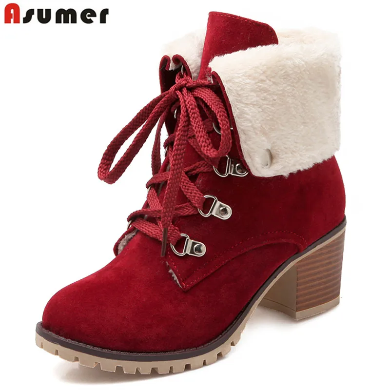 ASUMER Drop shipping 2021 New women boots square heel winter plush warm winter snow boots lace up pu leather ankle boots shoes