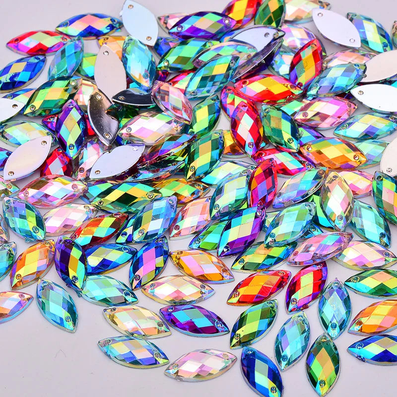 JUNAO 7*15mm Sewing Yellow AB Crystals Horse Eye Rhinestones Flat Back Acrylic Gems Sew On Strass Crystal Stones for Crafts