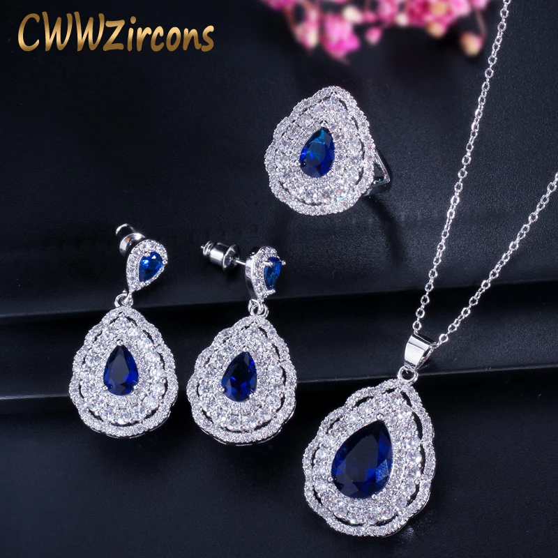 CWWZircons 3 layers Cubic Zirconia Paved Big Water Drop Dark Blue Earrings Necklace Ring Engagement Jewelry Set for Women T283