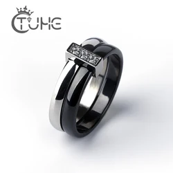 Fashion Ceramic Ring For Women Two Layers Stainless Steel Inlaid Zircon Thin Rings Unique Design Wedding Engagement Ring Gift