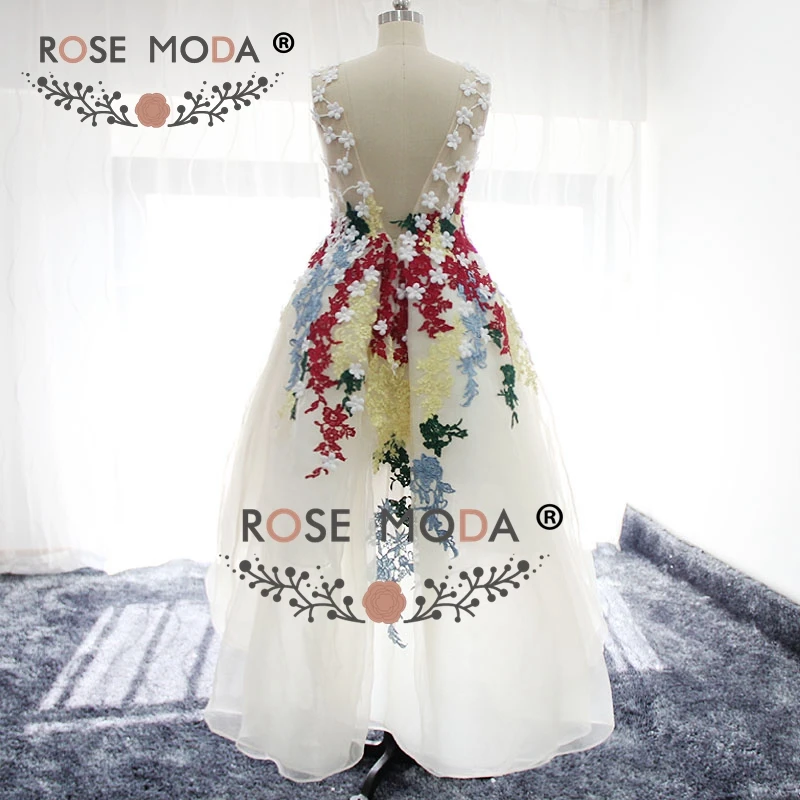 Rosa moda multi laços coloridos alta baixa graduação vestido baixo v volta 3d flores fotos reais