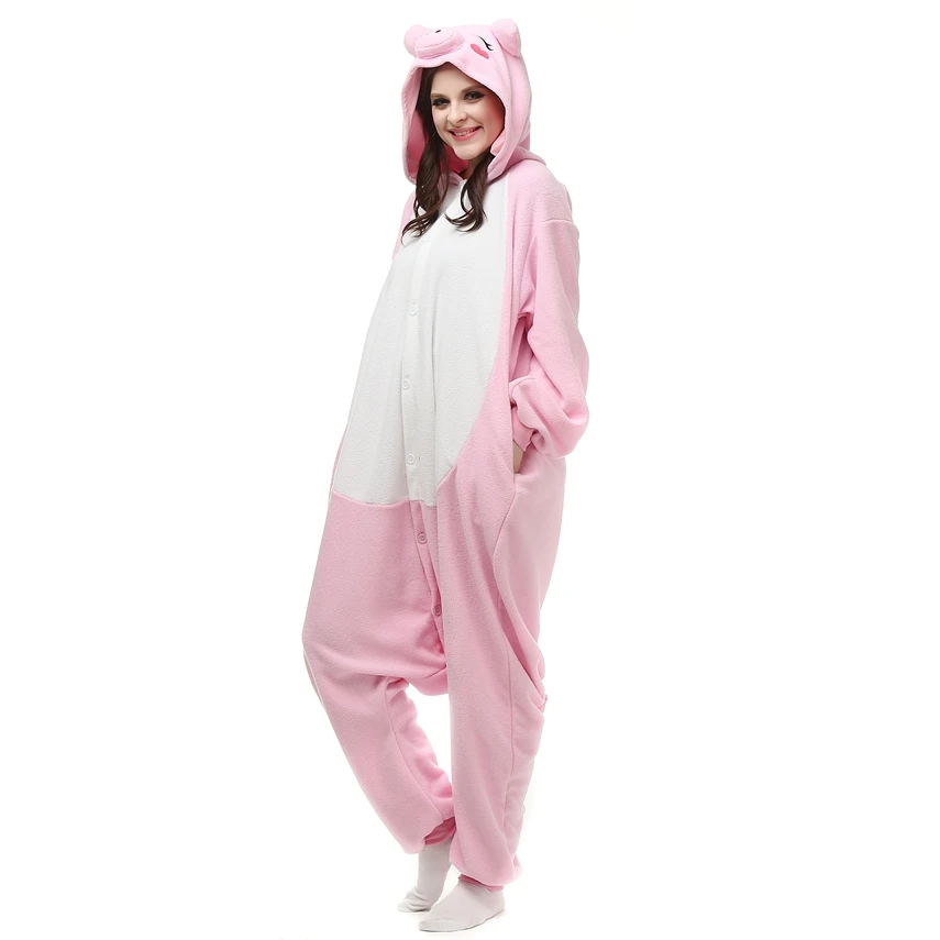 Adulto polar velo rosa porco kigurumi mulheres cosplay traje dos homens dos desenhos animados animal onesies pijama halloween carnaval festa macacão