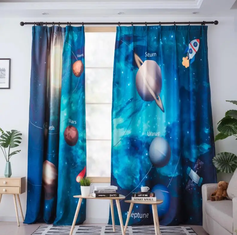 Nordic 3D Planet Star Blackout Curtains For Kids Room Printed Curtains For Boys Bedroom Baby Room Window Drapes Blue Sheer Voile